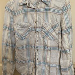 White w/Blue and Brown Plaid Long Sleeve Size S